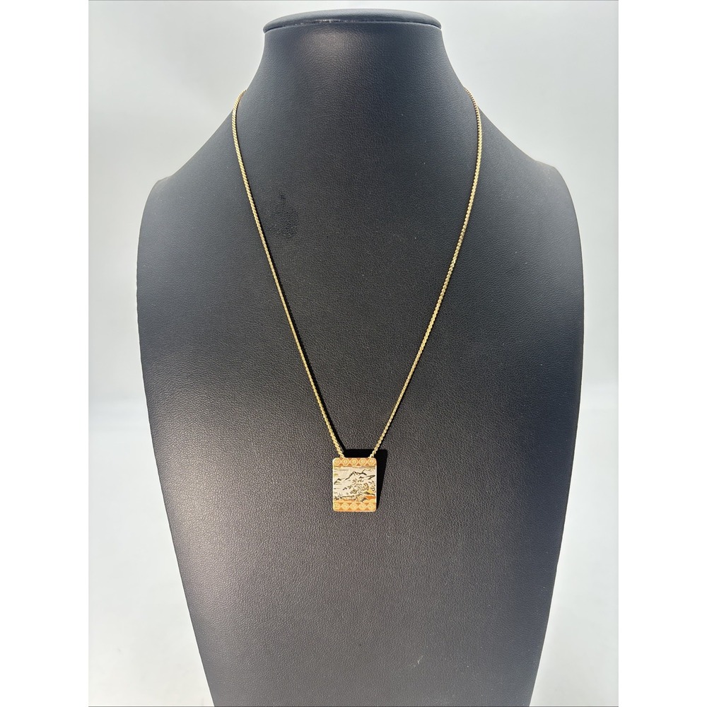 Vintage Signed Reed&Barton Damascene Gold Tone Landscape Mountain Scene Necklace